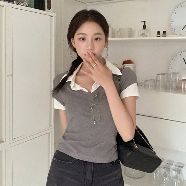 티모 배색 레이어드 카라 반팔 티셔츠 ts4661