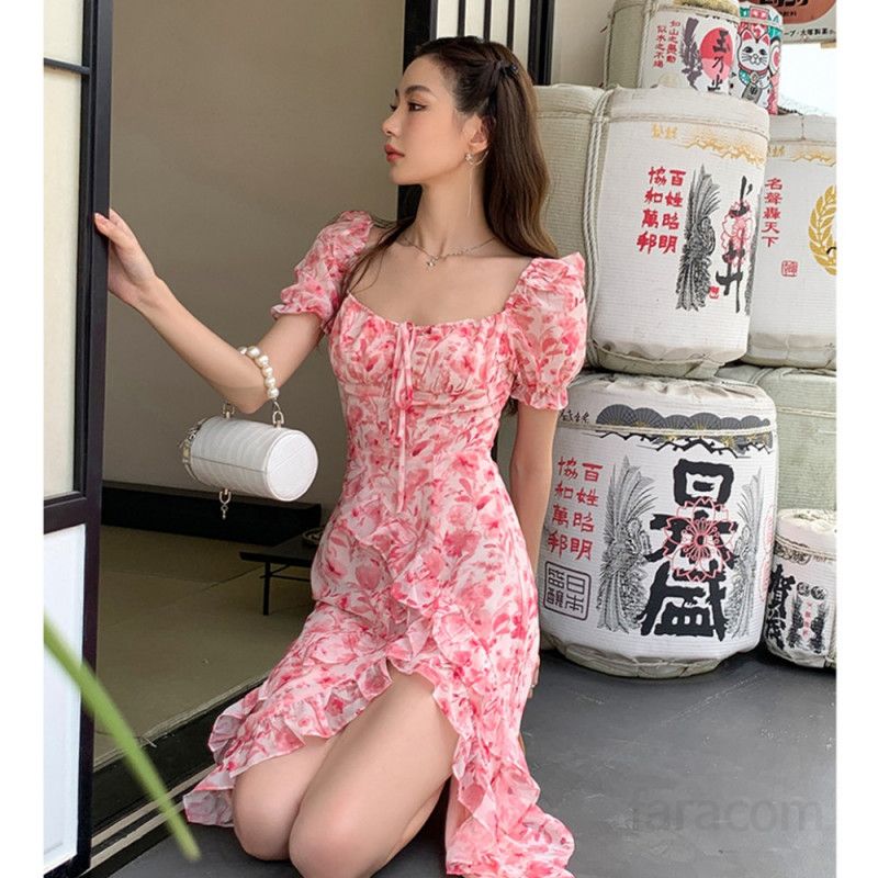 여자 봄 여름 로맨틱 플라워 나염 쉬폰 퍼프소매 스퀘어넥 언발 프릴 롱원피스 바캉스룩 6999 - 상품 이미지