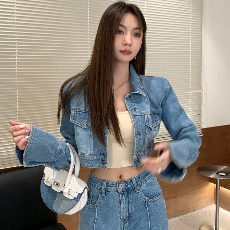 여자 봄 가을 Y2K 스트릿 크롭 청자켓 숏 데님 자켓 하이웨이스트 카라 포켓 데일리룩 아우터 4640 - 상품 이미지