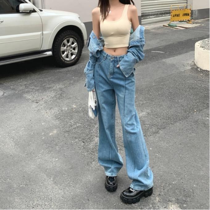 여자 봄 가을 하이웨스트 핀턱 와이드 데님 팬츠 롱바지 빅사이즈 데일리룩 연청 워싱진 4641 - 메인 이미지