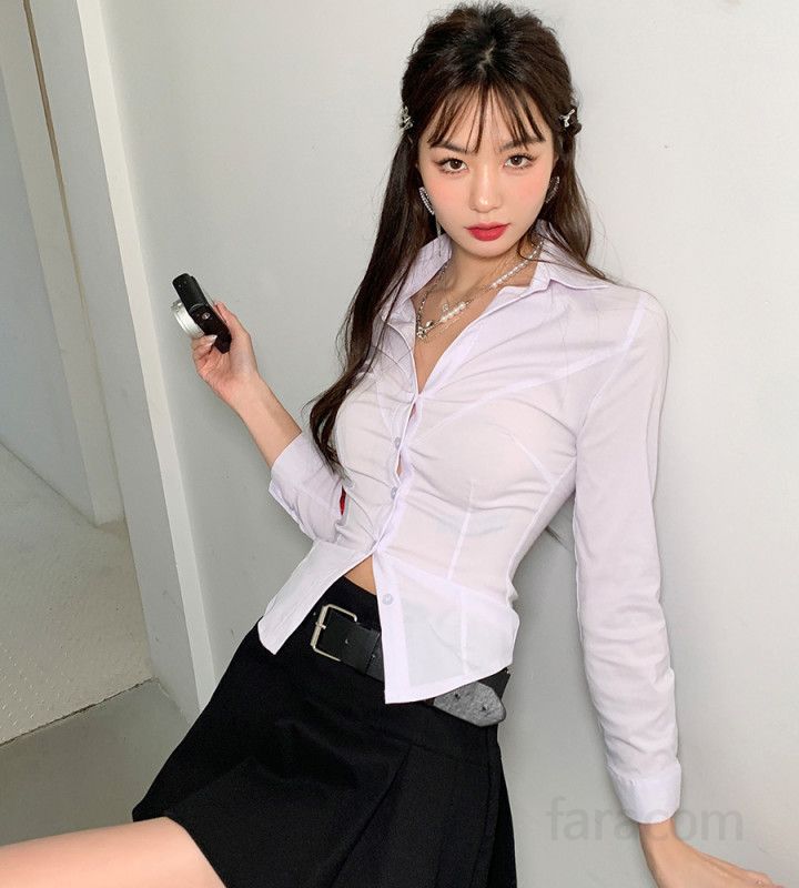여자 봄 가을 슬림핏 카라 긴팔 셔츠 스판 오피스룩 정장 데일리 베이직 블라우스 6900 - 상세 이미지 4