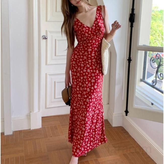 여자 봄 여름 바캉스룩 플라워 나염 브이넥 롱 맥시 원피스 슬림핏 하이웨스트 휴양지룩 8697 - 상품 이미지
