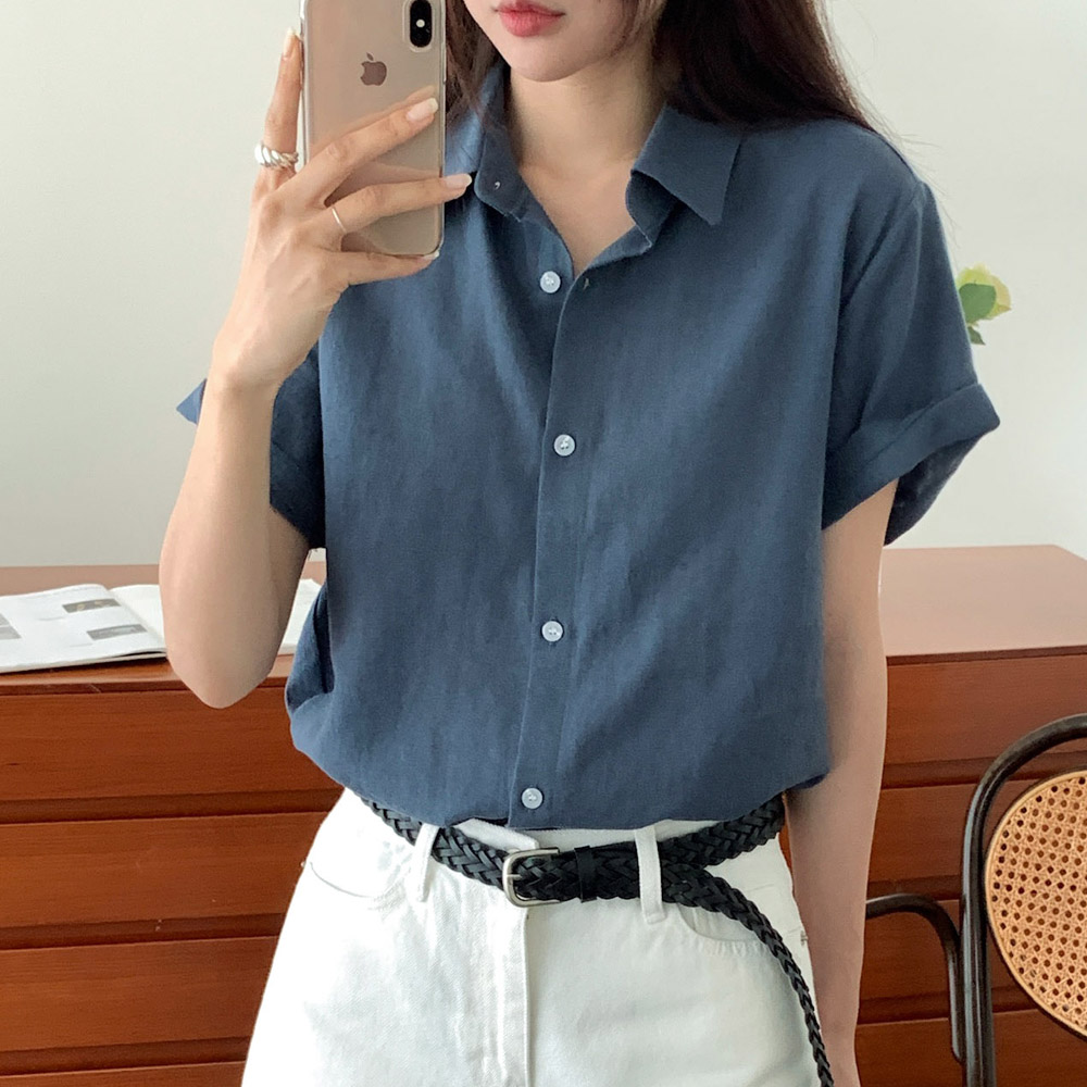 옆트임 린넨 셔츠 여성 여름 셔츠 블라우스 데일리룩 얇은 여름 남방 네이비 카키 브라운 - 상세 이미지 3
