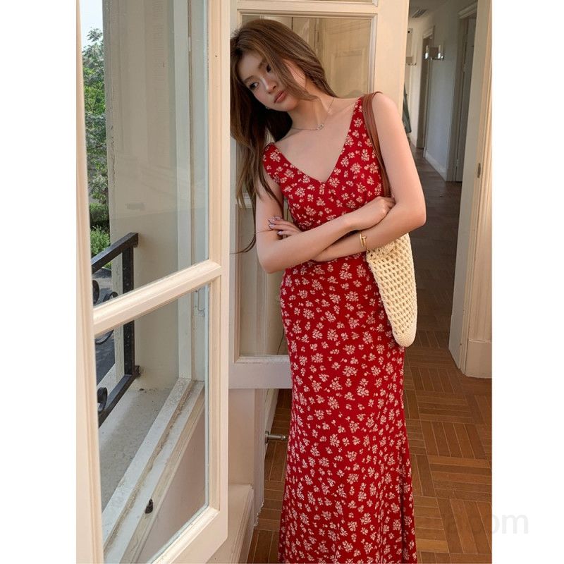 여자 봄 여름 바캉스룩 플라워 나염 브이넥 롱 맥시 원피스 슬림핏 하이웨스트 휴양지룩 8697 - 상세 이미지 2