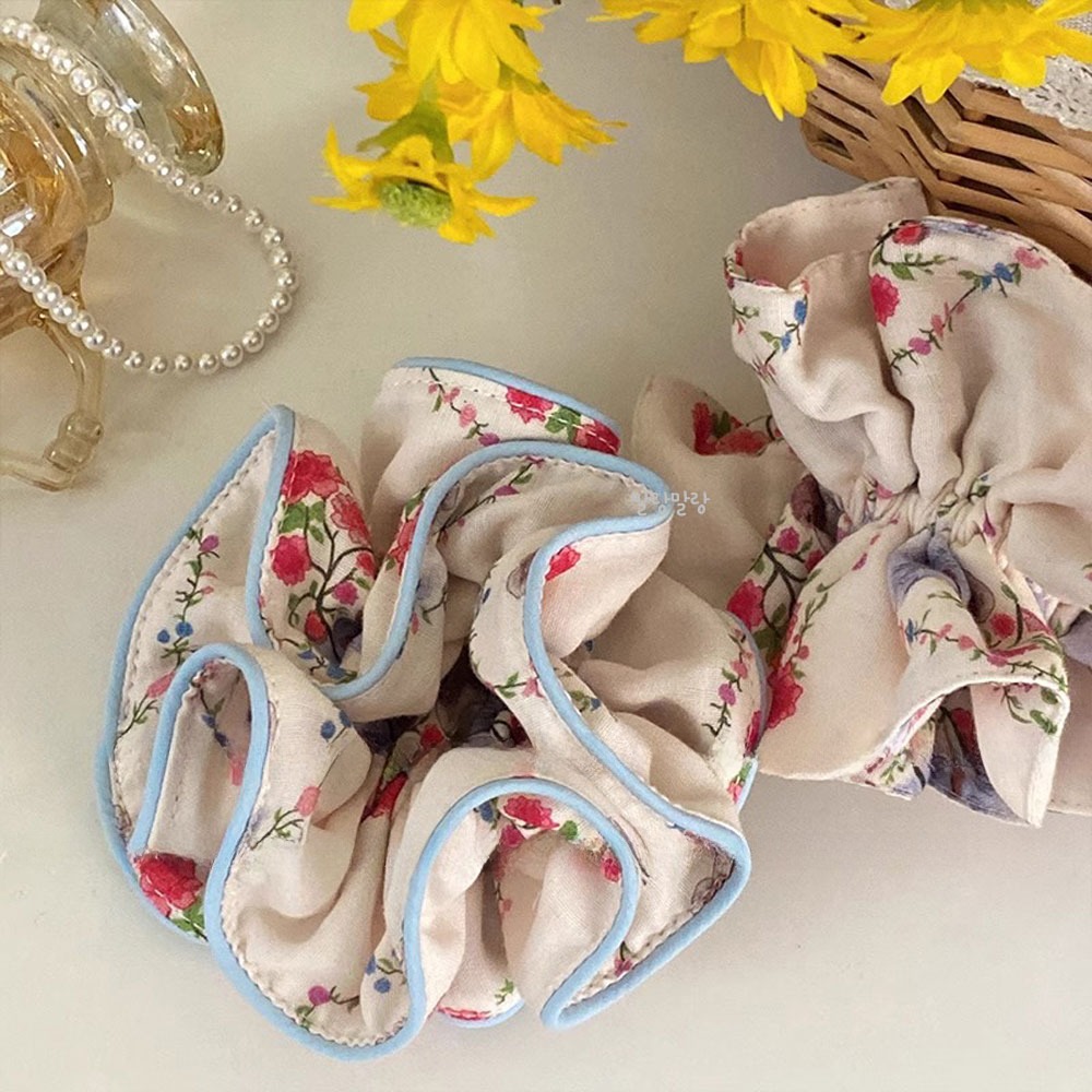고급스러운 꽃무늬 헤어 스크런치 왕곱창머리끈 플라워 포니테일머리끈 - 상세 이미지 2