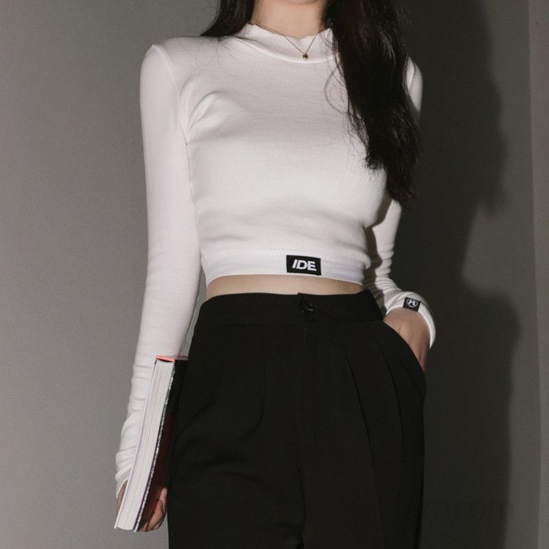 여자 봄 가을 라운드넥 슬림핏 골지 긴팔 크롭 티셔츠 기모 스판 베이직 데일리룩 이너티 6053 - 상세 이미지 2