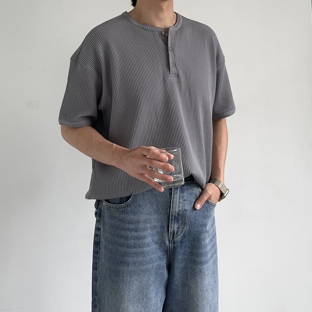 남자 반팔티 오버핏 여름 피케 티셔츠 헨리넥 반팔 - 상세 이미지 4