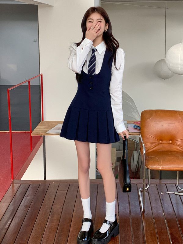 여자 봄 가을 프레피룩 하이웨이스트 뷔스티에 플리츠 미니 원피스 A라인 단정한 스쿨룩 하객룩 정장 원피스 8098 - 상세 이미지 4