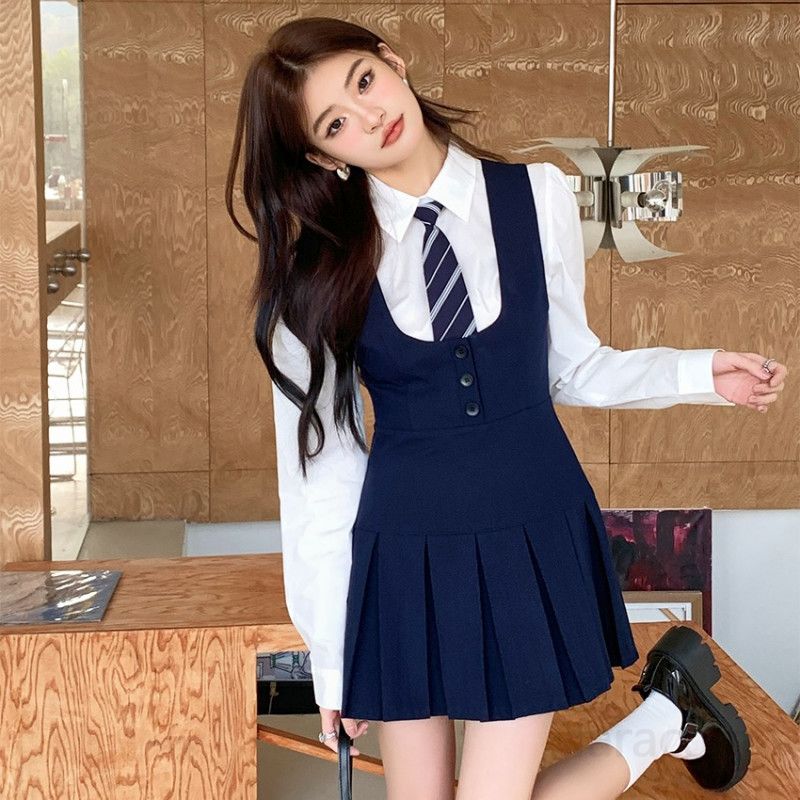 여자 봄 가을 프레피룩 하이웨이스트 뷔스티에 플리츠 미니 원피스 A라인 단정한 스쿨룩 하객룩 정장 원피스 8098