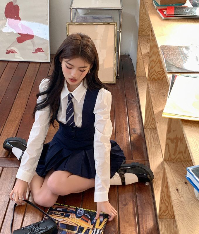 여자 봄 가을 프레피룩 스쿨룩 퍼프소매 카라 긴팔 크롭 셔츠 단정한 오피스룩 데일리 레이어드 블라우스 8095 - 상세 이미지 3