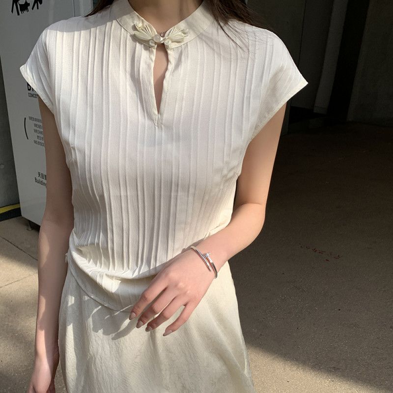 여자 봄 여름 우아한 오리엔탈 무드 하이넥 키홀 핀턱 민소매 정장 블라우스 슬림핏 오피스룩 8509 - 상세 이미지 2