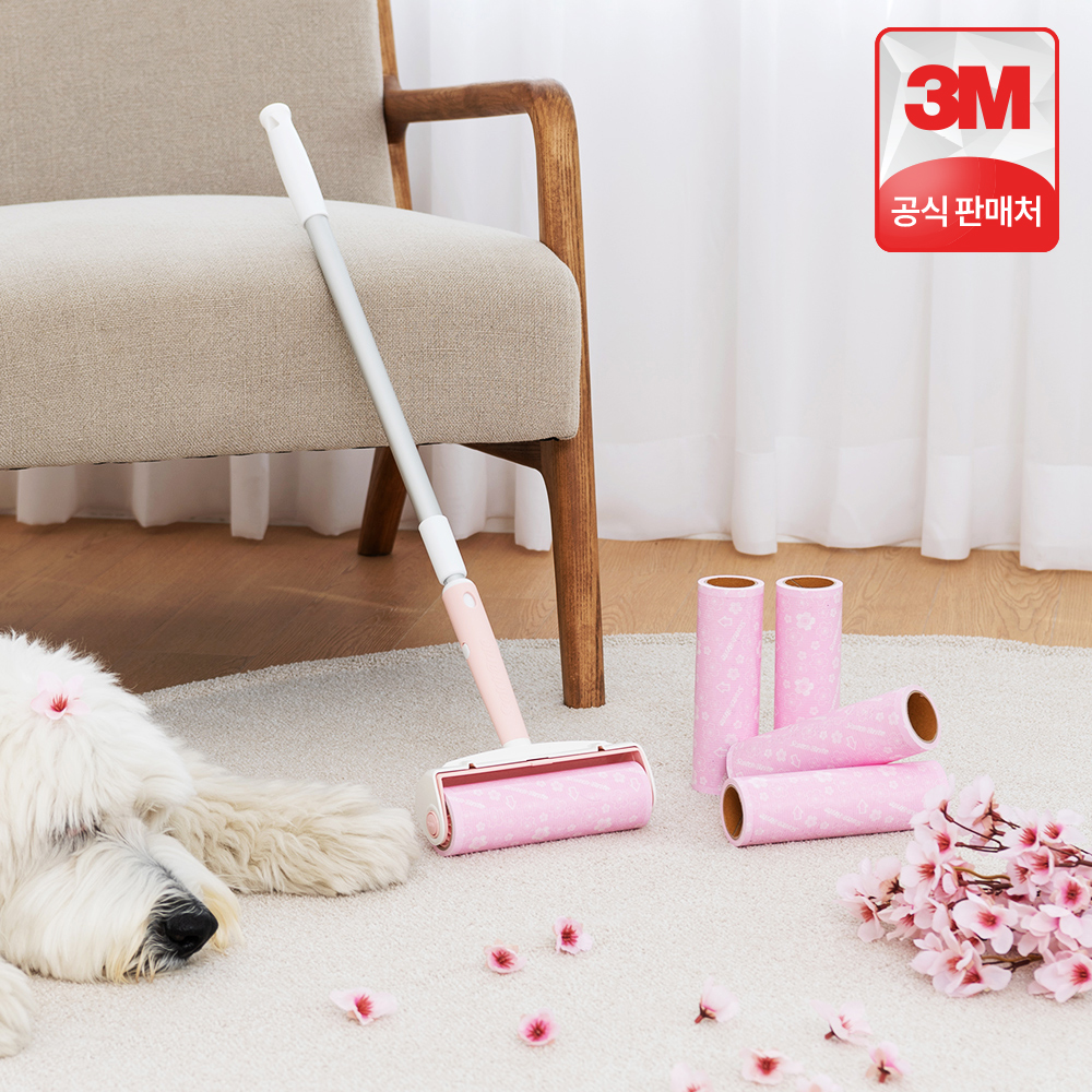 3M 스카치브라이트 돌돌이 테이프클리너 롤크리너 대형 클린컷 체리블라썸 롱핸들 밀대 세트(롱핸들 1개+리필 5입)