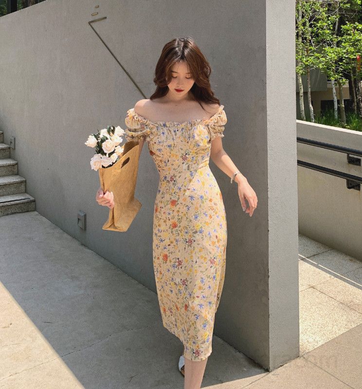 여자 봄 여름 로맨틱 플라워 나염 퍼프소매 스퀘어넥 셔링 A라인 롱원피스 바캉스룩 휴양지룩 4150 - 상품 이미지