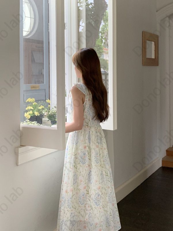 스퀘어 넥라인 작은 꽃무늬 원피스 휴양지 비치룩 - 상세 이미지 3