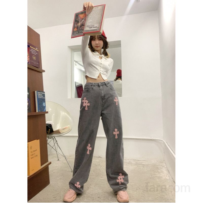 여자 봄 가을 Y2K 스트릿 십자가 패치 와이드 데님 팬츠 롱바지 빅사이즈 흑청 그런지룩 4369 - 상세 이미지 3