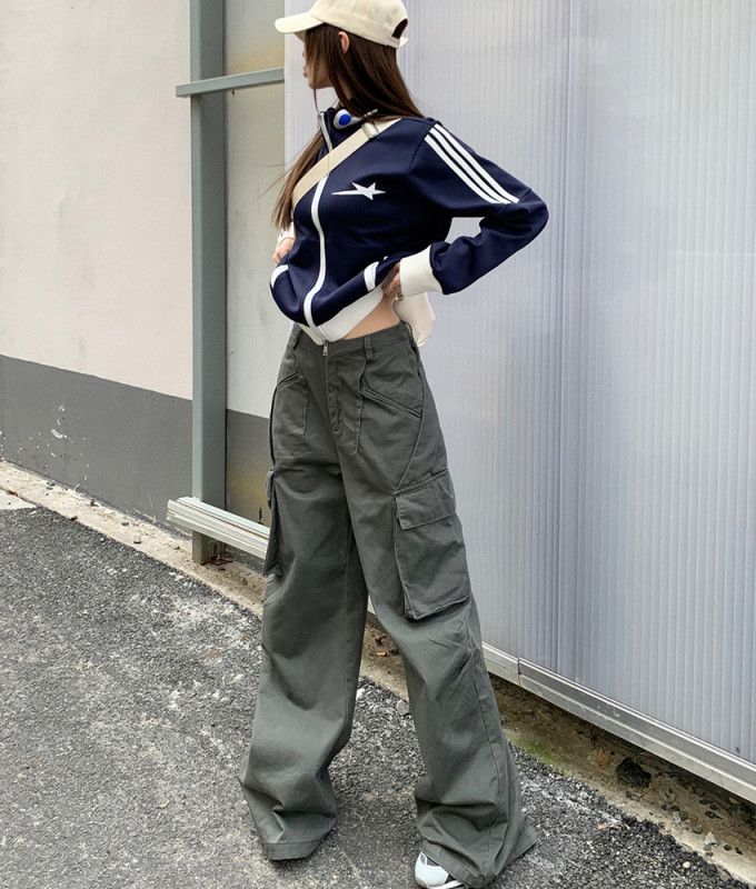 여자 봄 가을 스트릿 하이웨이스트 카고 와이드 팬츠 Y2K 힙스터 데일리룩 롱 코튼 면바지 4650 - 상세 이미지 4
