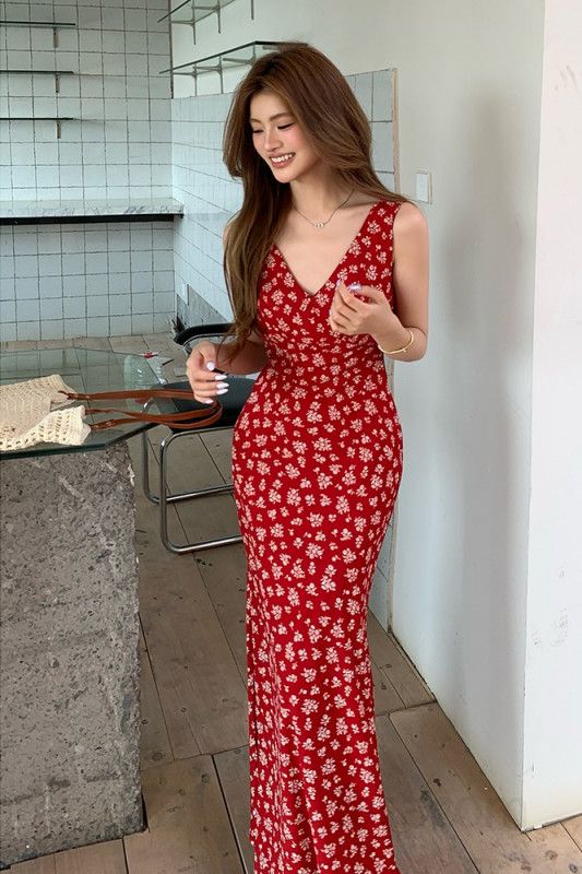 여자 봄 여름 바캉스룩 플라워 나염 브이넥 롱 맥시 원피스 슬림핏 하이웨스트 휴양지룩 8697 - 상세 이미지 5