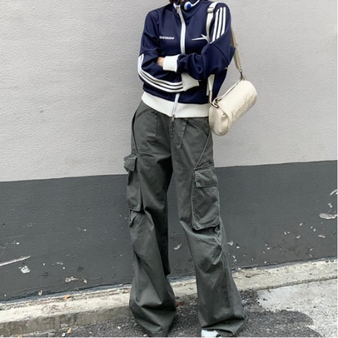 여자 봄 가을 스트릿 하이웨이스트 카고 와이드 팬츠 Y2K 힙스터 데일리룩 롱 코튼 면바지 4650 - 상품 이미지