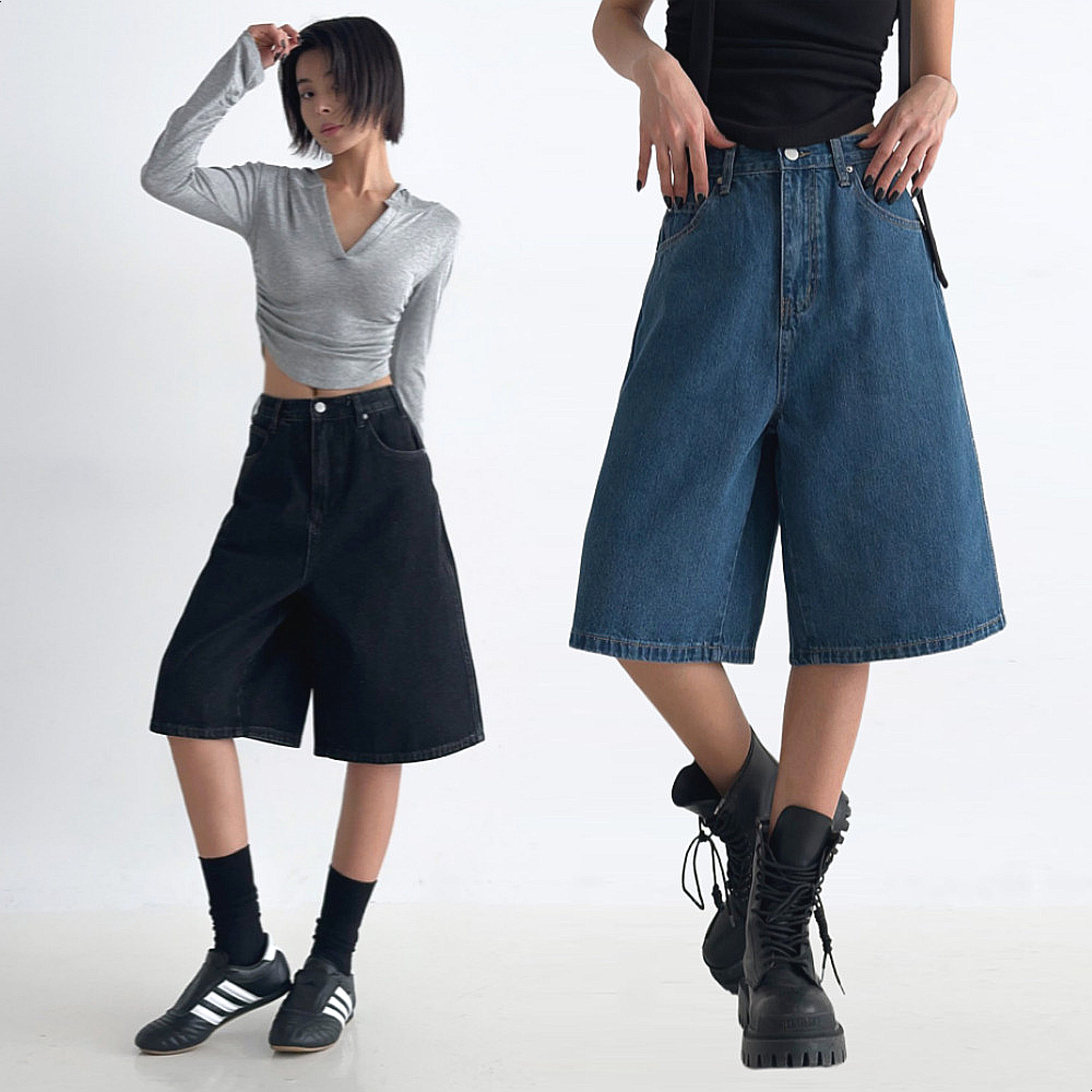 청반바지 버뮤다팬츠 A라인 5부 6부 데님팬츠 여성 하이웨스트 와이드 여름 청바지