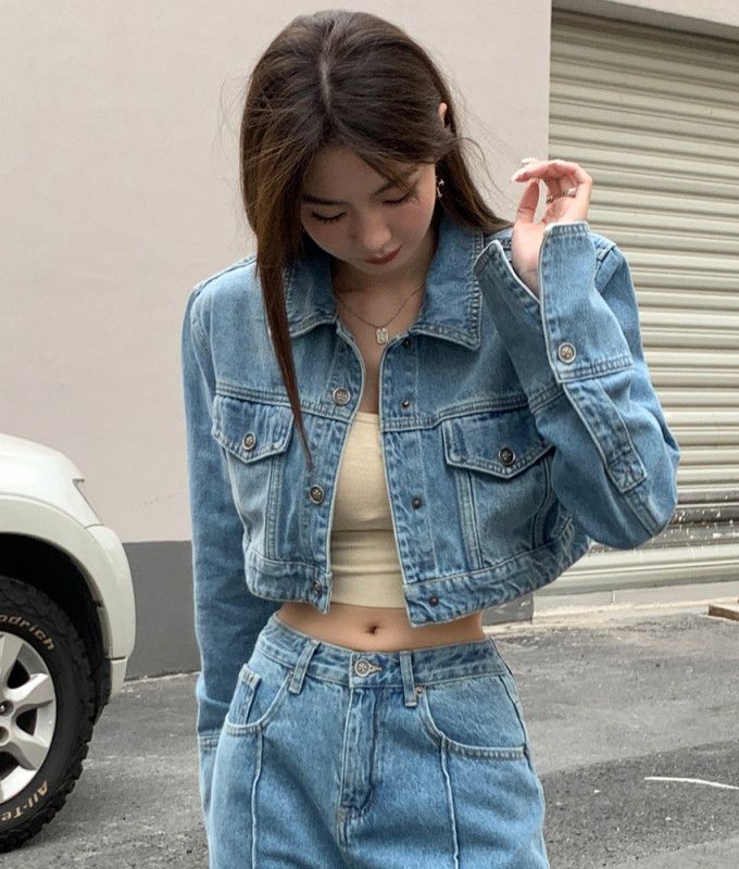 여자 봄 가을 Y2K 스트릿 크롭 청자켓 숏 데님 자켓 하이웨이스트 카라 포켓 데일리룩 아우터 4640 - 상세 이미지 3