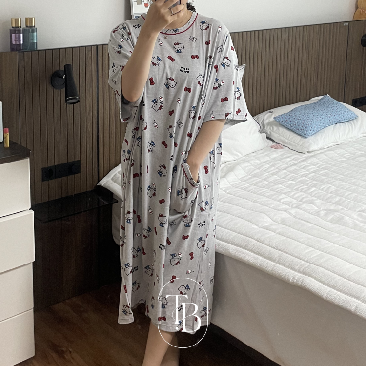 헬로키티 산리오 파자마 면 국산 리본 원피스 잠옷 사계절 여름 - 상세 이미지 4