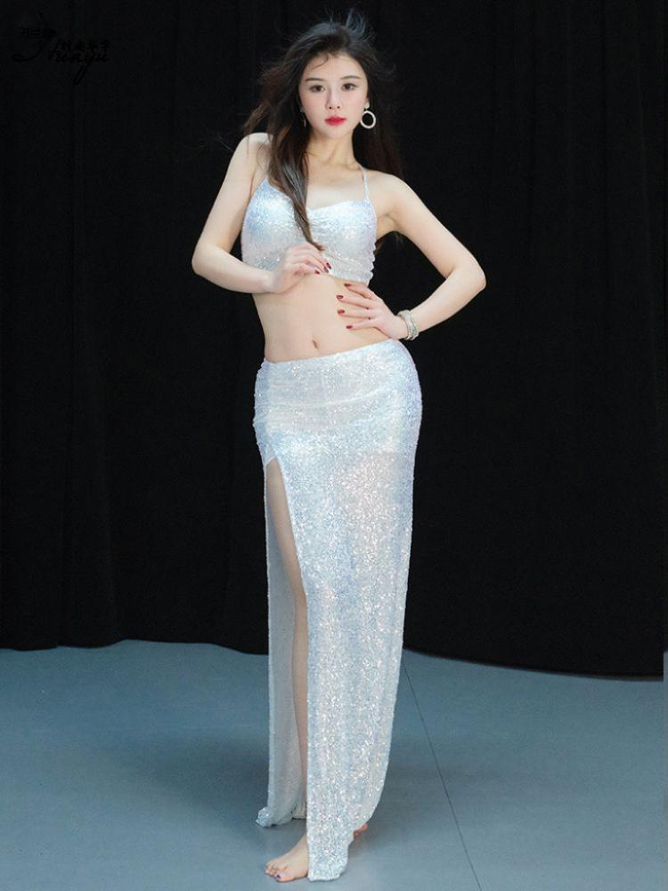밸리댄스복 반짝이는 스팽글 무대 의상 벨리복 상의 여성용 스커트 세트 공연 댄스 - 상세 이미지 4