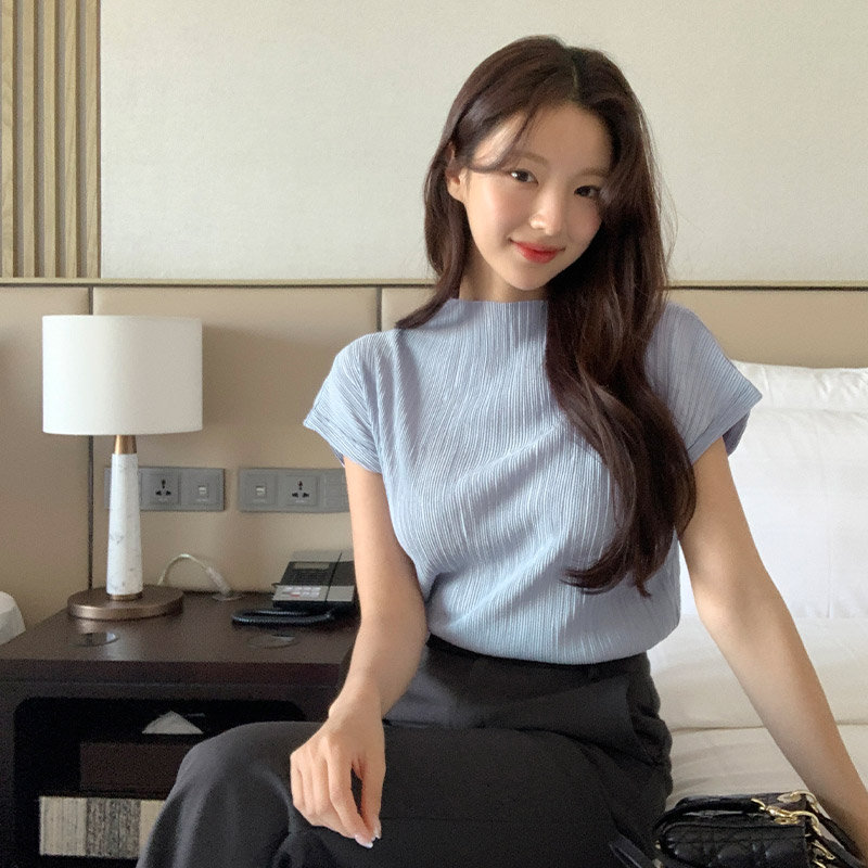 반하이넥 링클 플리츠 반팔 블라우스 bs7924 이미지 3