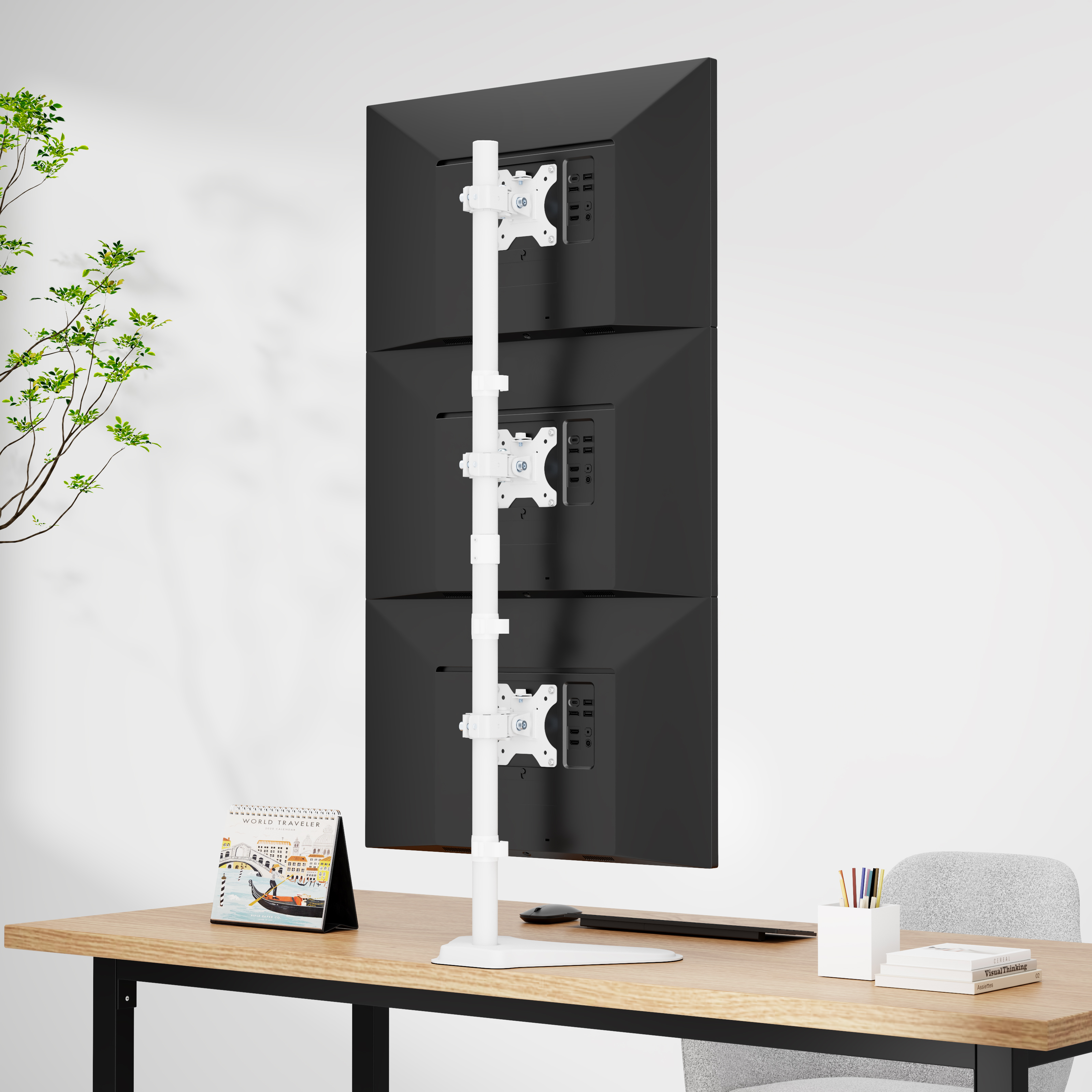 마운트뷰 상중하 모니터암 트리플 다중 3개 모니터 거치대 폴타입 수직 세로형 클램프 받침대