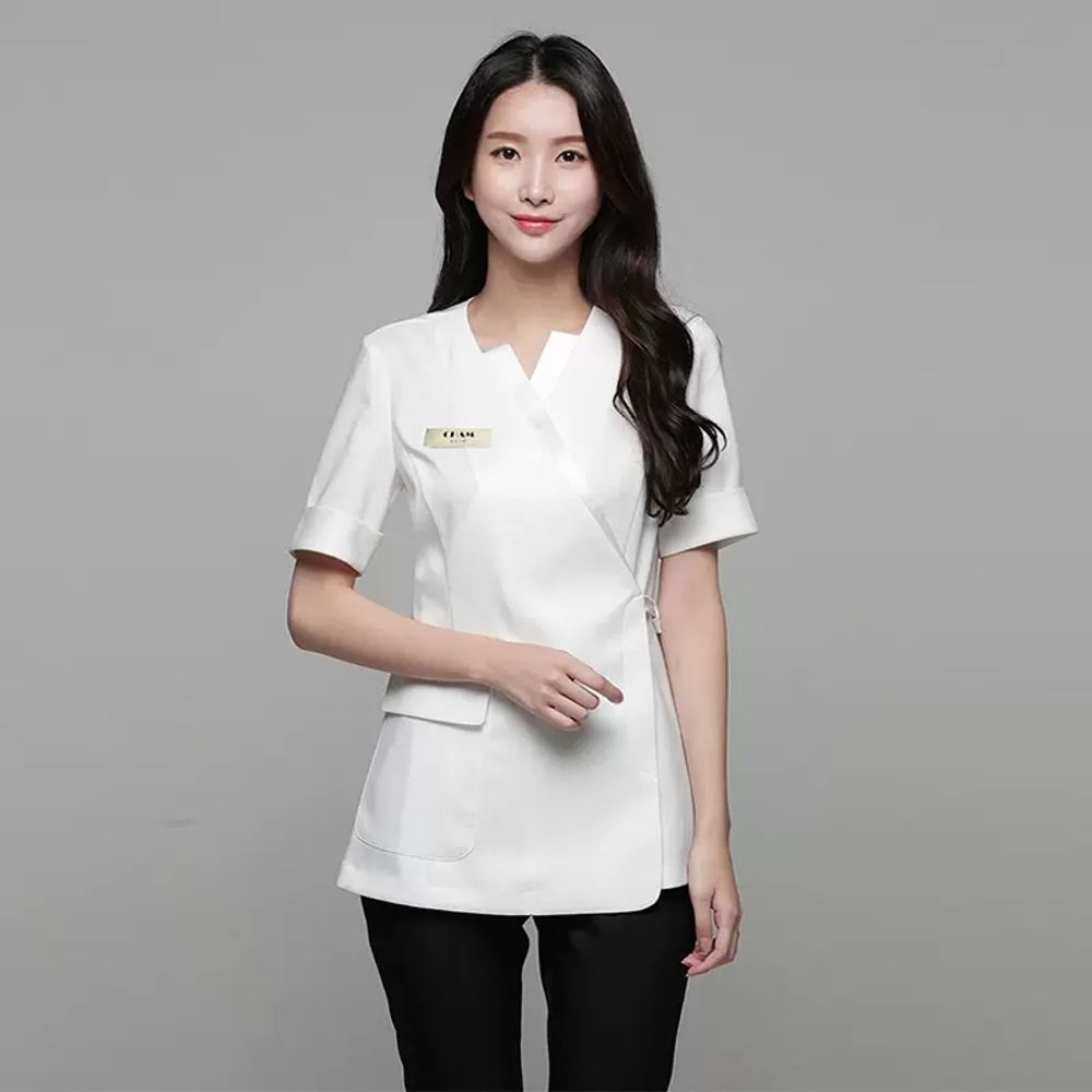 뷰티샵유니폼 근무복 가운 관리사 에스테틱 스파 가운 에스테틱 실장 흰색 반팔 세트 S - 상품 이미지