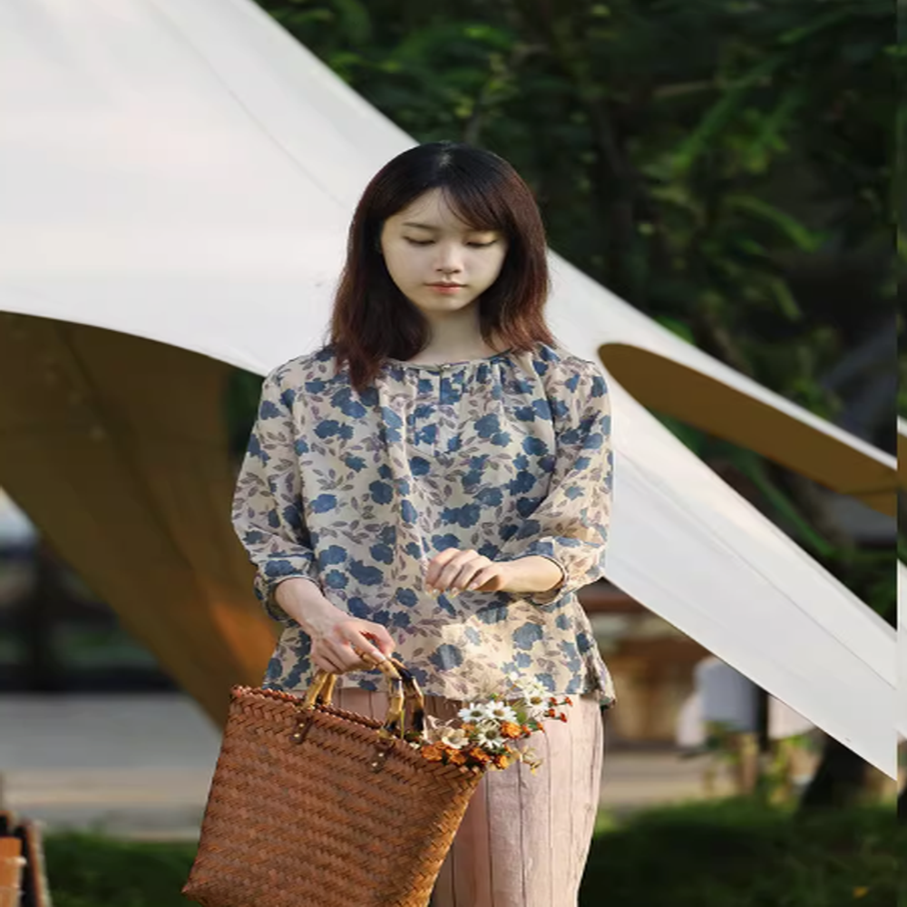 꽃무늬블라우스 퍼프소매티셔츠 할머니옷 50대엄마옷 셔링블라우스 여성여름남방 7부 플라워 - 상세 이미지 4