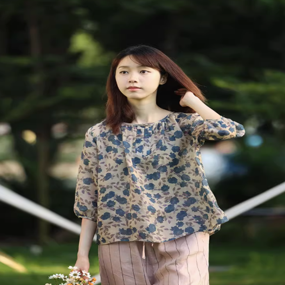 꽃무늬블라우스 퍼프소매티셔츠 할머니옷 50대엄마옷 셔링블라우스 여성여름남방 7부 플라워 - 상품 이미지