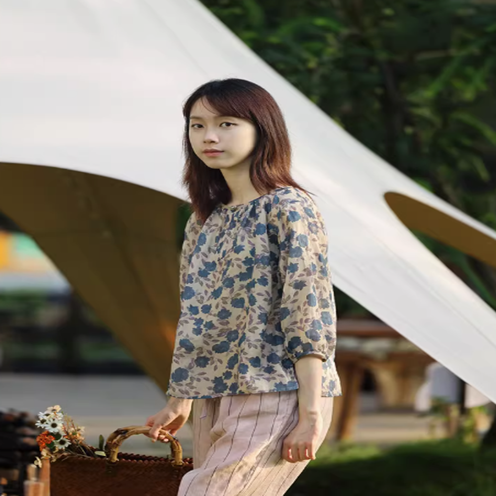 꽃무늬블라우스 퍼프소매티셔츠 할머니옷 50대엄마옷 셔링블라우스 여성여름남방 7부 플라워 - 상세 이미지 5