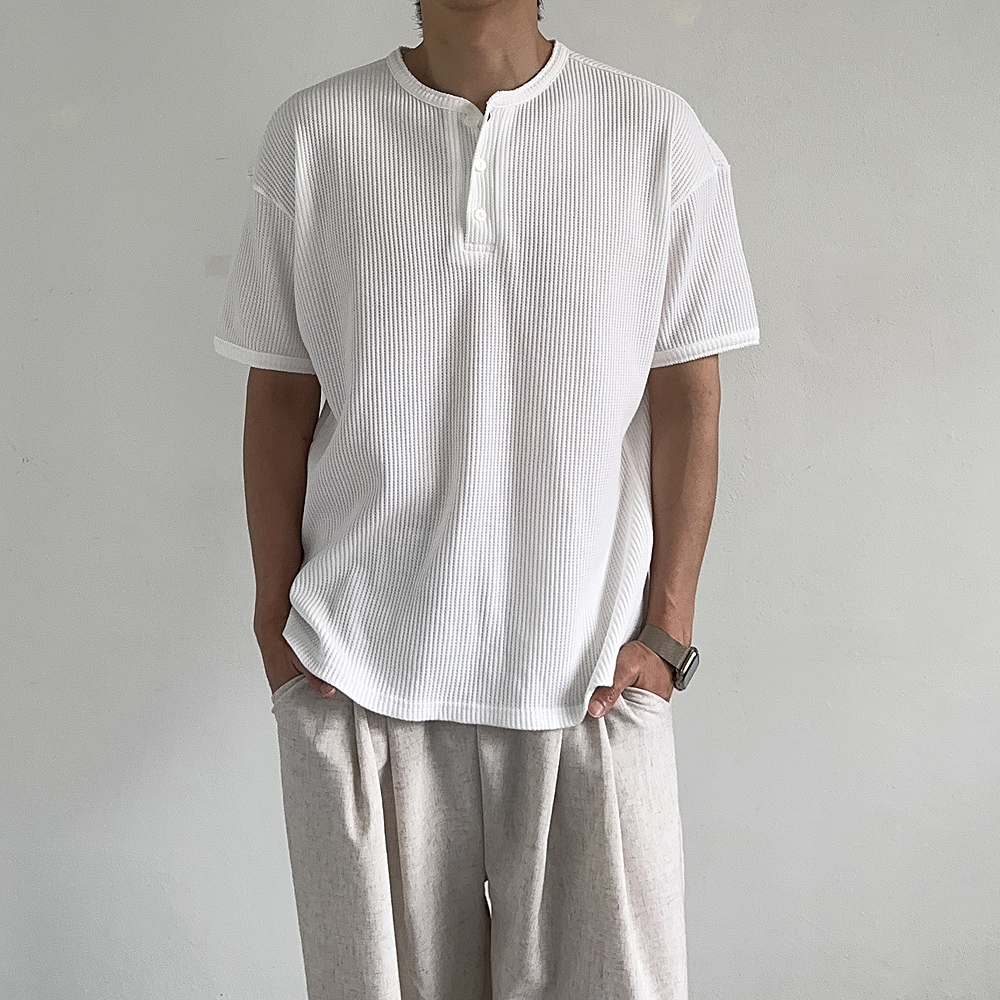 남자 반팔티 오버핏 여름 피케 티셔츠 헨리넥 반팔 - 상품 이미지