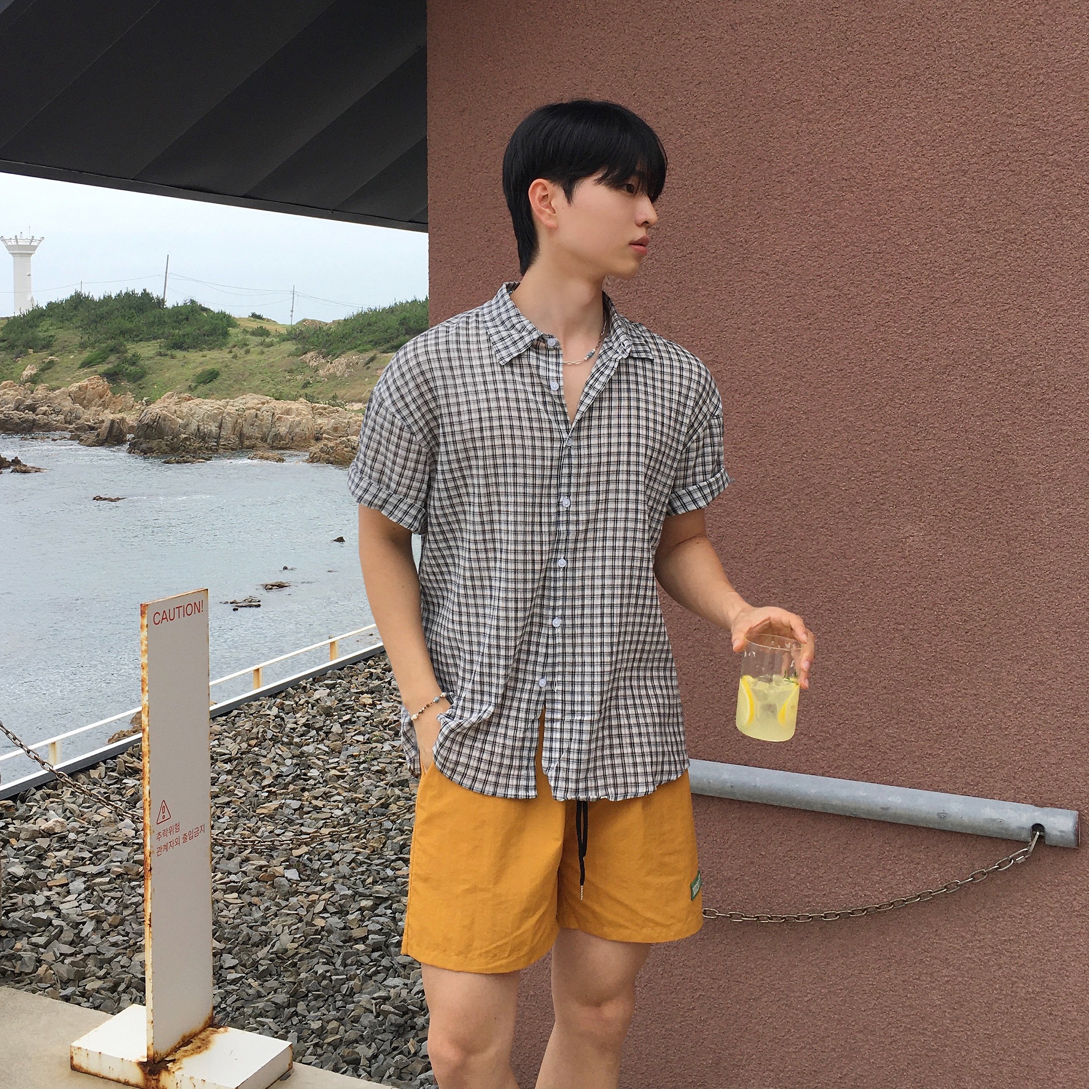 린넨반팔셔츠 시어서커반팔셔츠 남자체크남방 - 상품 이미지