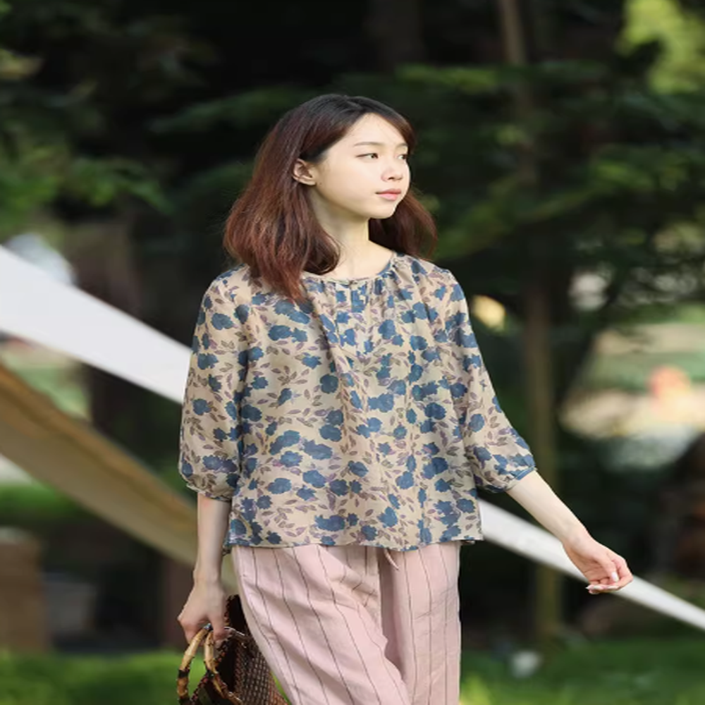 꽃무늬블라우스 퍼프소매티셔츠 할머니옷 50대엄마옷 셔링블라우스 여성여름남방 7부 플라워 - 상세 이미지 3