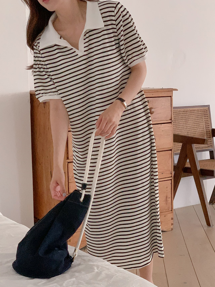 시원한 쿨링 맥시 스트라이프 카라 반팔 원피스 냉장고 여성 여름 롱 원피스 쿨 데일리룩 이미지 4
