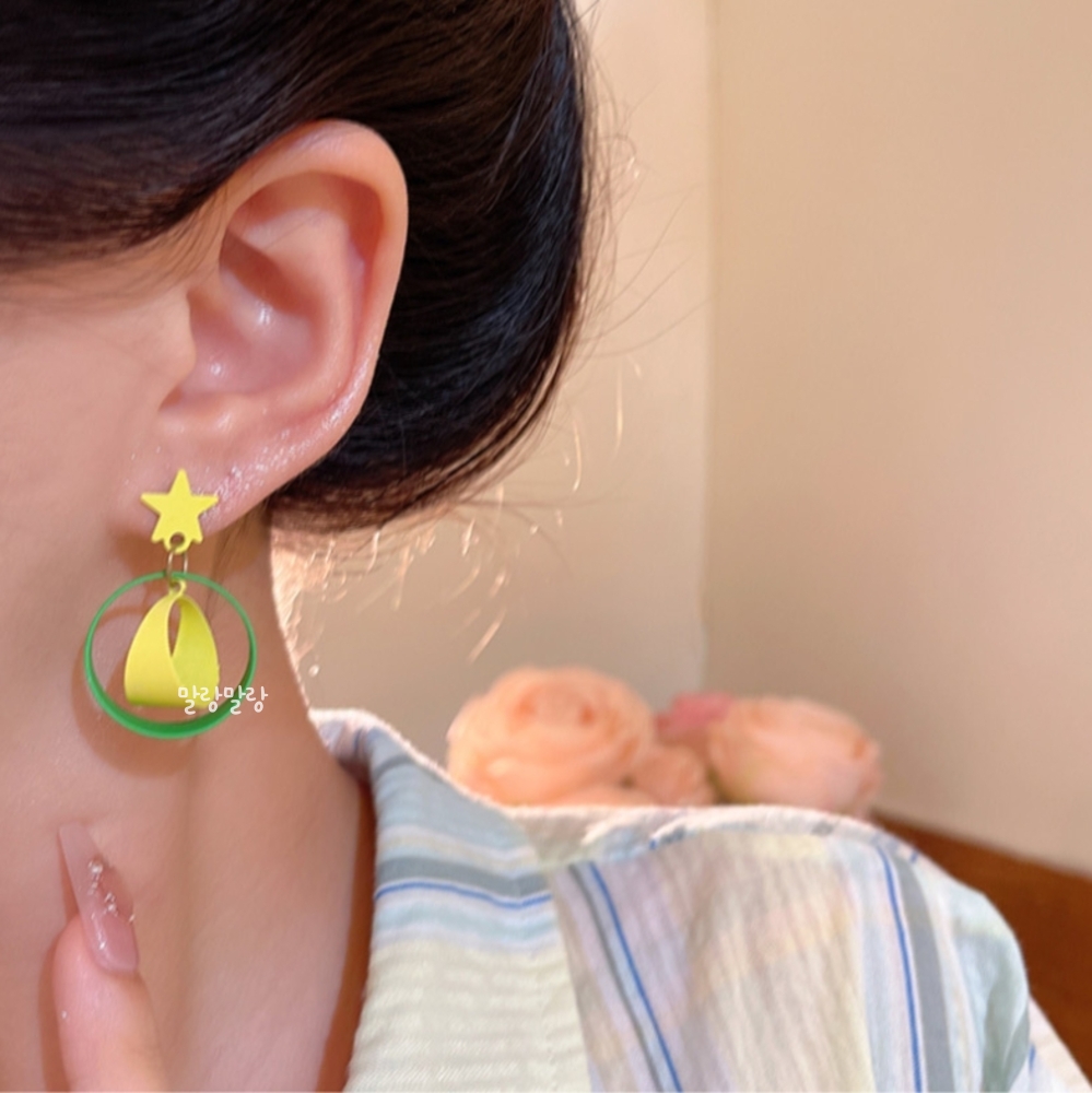 레트로 컬러스타 볼드 투링 드롭귀걸이 복고 디스코 이어링 - 상세 이미지 2