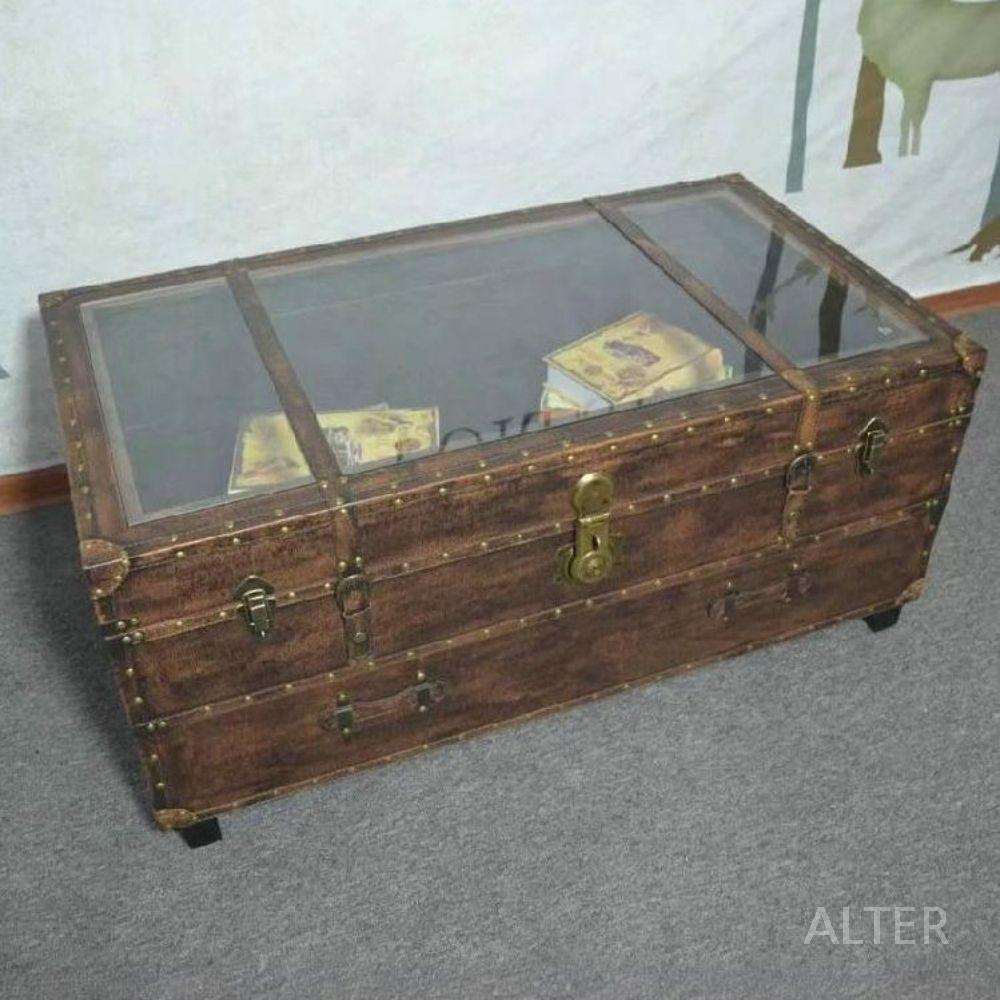 보물상자 테이블 복고풍 티테이블 쇼파 탁자 이동식 빈티지 브라운 110x60x48cm - 상세 이미지 4
