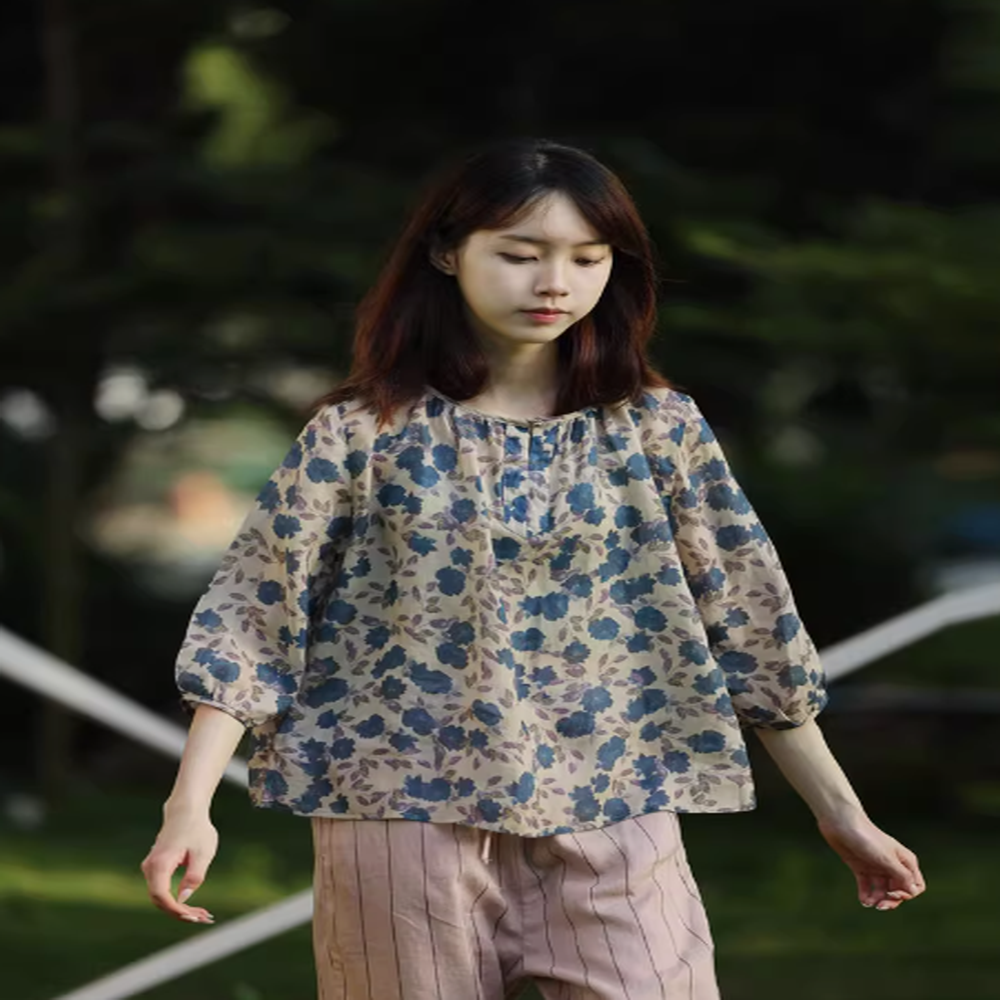 꽃무늬블라우스 퍼프소매티셔츠 할머니옷 50대엄마옷 셔링블라우스 여성여름남방 7부 플라워 - 상세 이미지 2