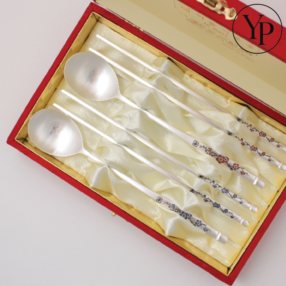 매화 문양 전통 칠보 은수저 2벌 세트 A타입 고급 선물용 수저세트