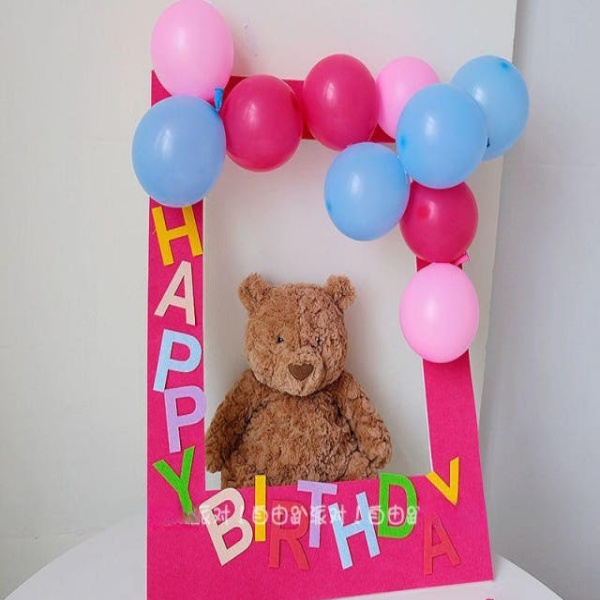 사랑스러운 핑크 생일 축하 비닐 액자 재료 키트 포토 프레임 촬영 사진 휴대용 데코 딸기케이크 선명한 - 상품 이미지