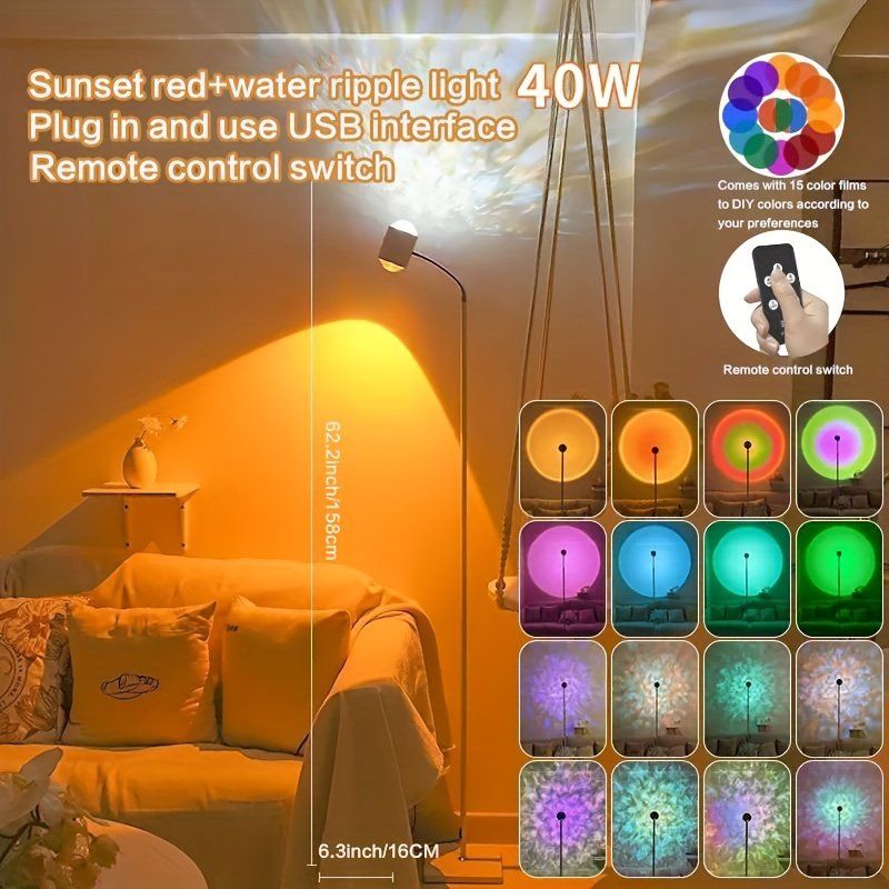 LED 석양 라이트 물결 두 개의 헤드 프로젝션 15-색상 RGB 바닥 무지개 사진 촬영 파티 거실 침실 장식 캠핑 결혼식 크리스마스 선물 - 상세 이미지 3