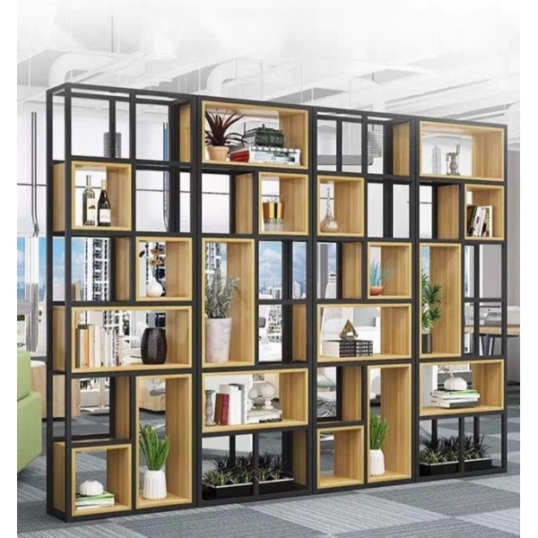 모던 사무실 진열대 공간분리 파티션 선반 장식장 80x25x240cm기본 발송 검은색 프레임연호두 나무판 - 상품 이미지