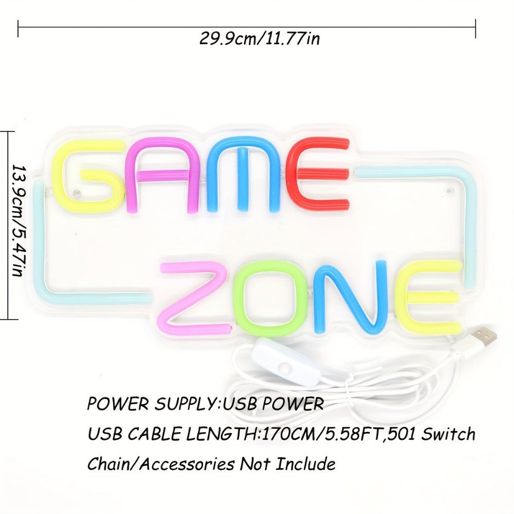 게임 존 LED 네온 사인 - USB 전원  벽걸이 단색 다용도 밤 등 방 집 파티 펍 클럽을 위한 조명 29.9cm x 13.89cm 금속 마감 플라스틱 스위치 제어 - 상세 이미지 5