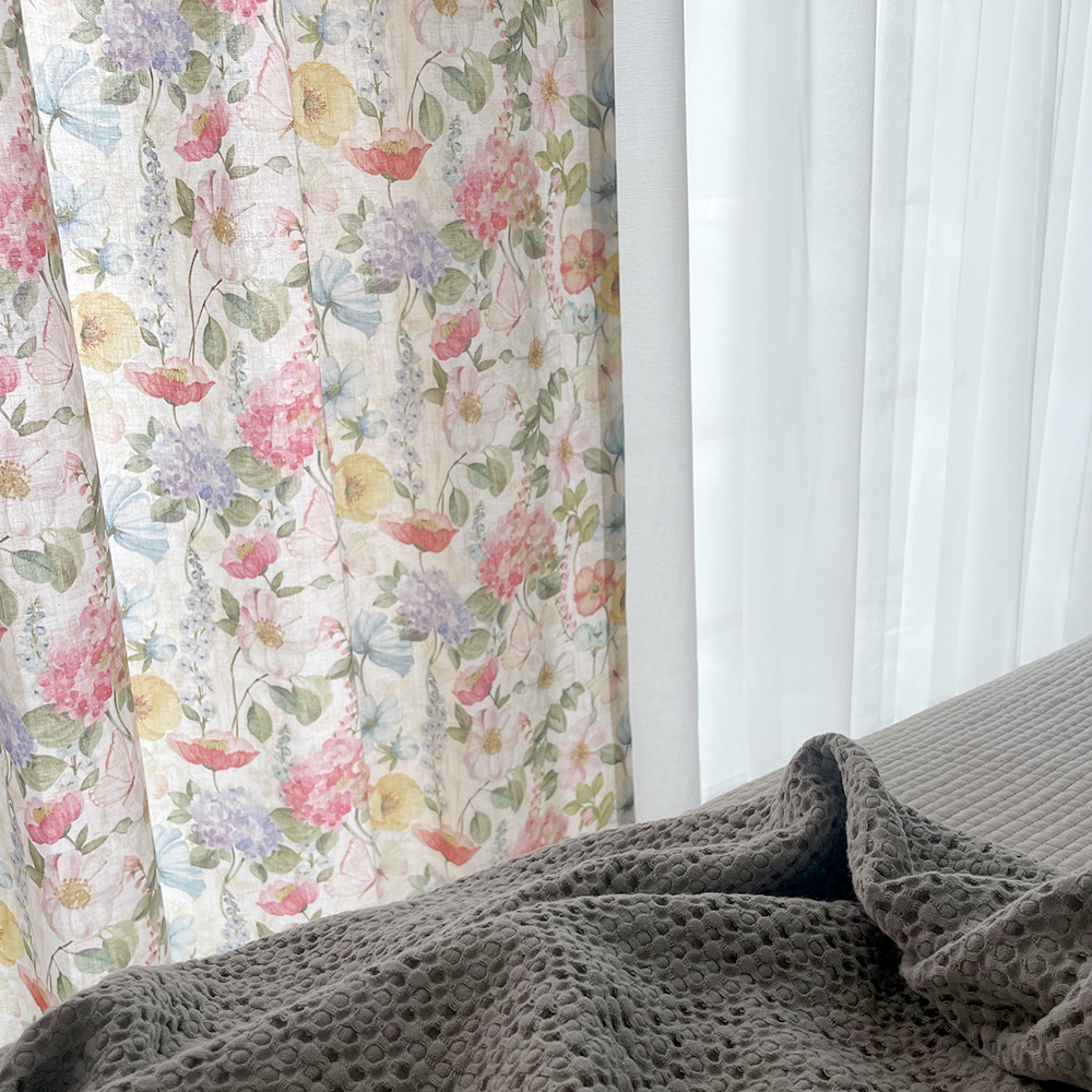 바이아미 몬 플라워 빈티지 프린트 린넨 나염 커튼 맞춤제작