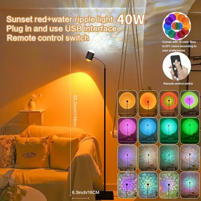 LED 석양 라이트 물결 두 개의 헤드 프로젝션 15-색상 RGB 바닥 무지개 사진 촬영 파티 거실 침실 장식 캠핑 결혼식 크리스마스 선물 - 상세 이미지 5