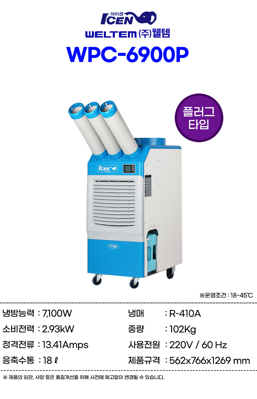 코끼리냉풍기 산업용냉풍기 공업용 웰템 3구 대형 냉방능력7100W 국산 - 상세 이미지 3