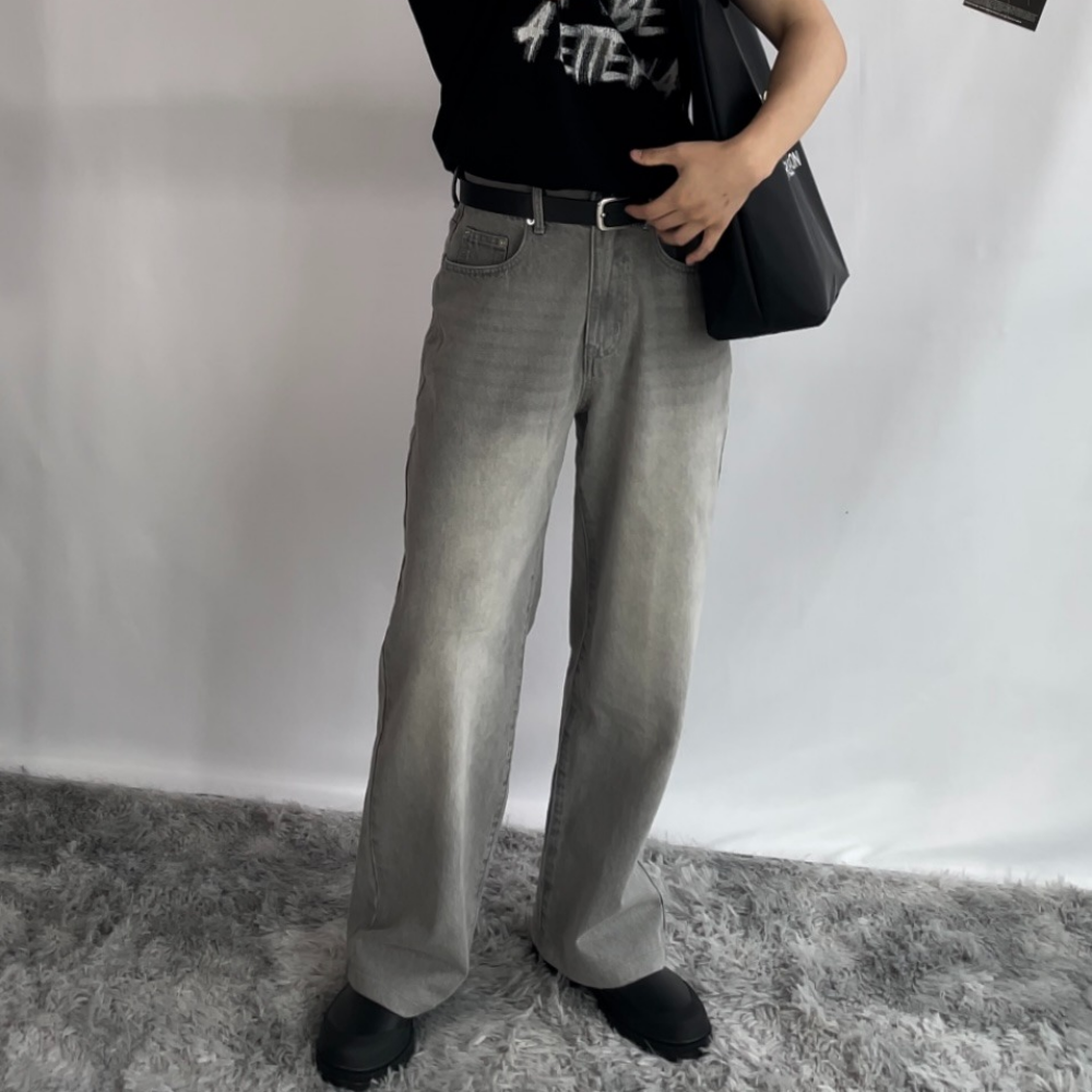 남자세미와이드청바지 워싱 일자핏 청바지 커브드팬츠 - 상세 이미지 3