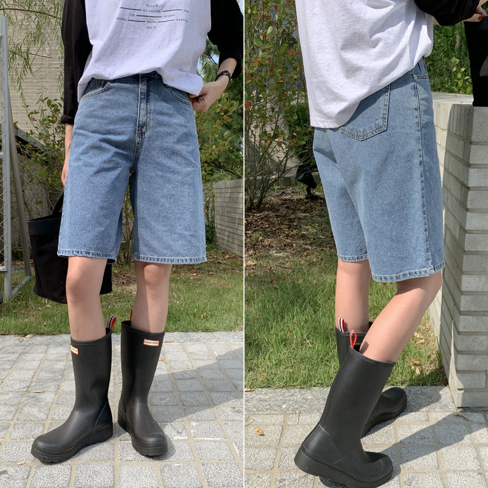 하이웨스트 세미와이드 데님 버뮤다팬츠 중청 화이트 블랙진 여성 청 반바지 5부 여성 청바지