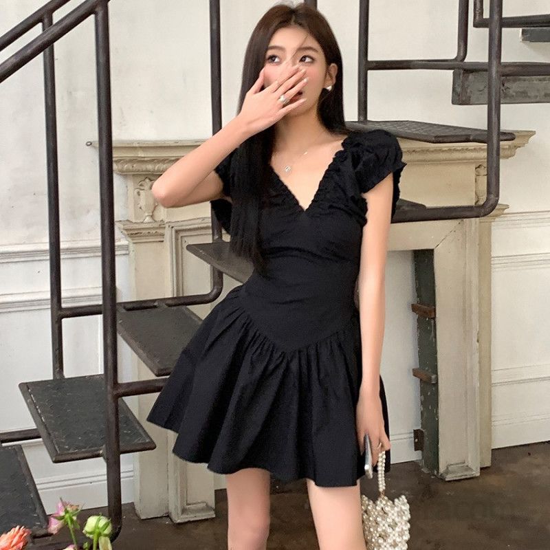 여성 봄 여름 X라인 브이넥 퍼프소매 러플 코튼 미니 원피스 백리스 오프숄더 데이트룩 8121 - 상품 이미지